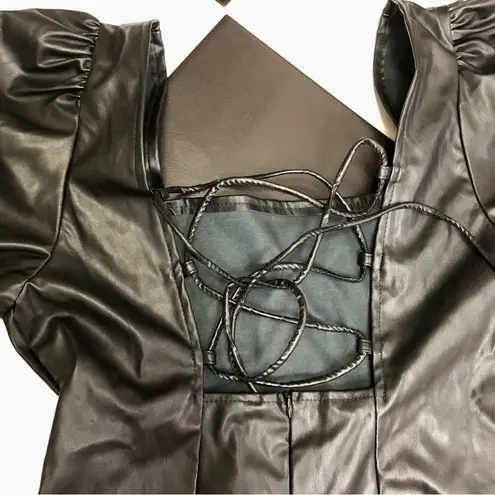 Avantlook NWT Faux Leather Mini Dress Square Neckline Puffy Sleeves Sexy Goth L