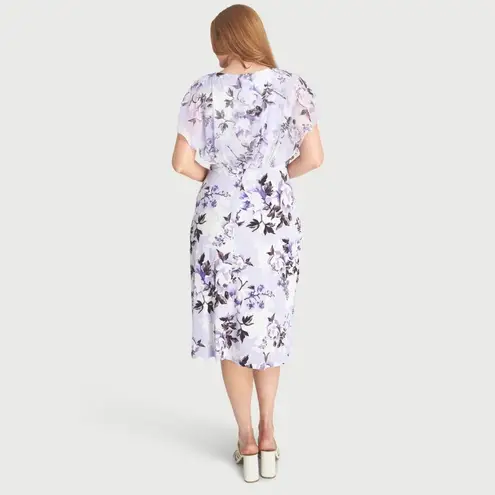 Connected Apparel Daphne Lavender Floral Chiffon Popover Dress, Petite Size 14