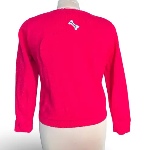 Vintage 90s Red Dog Knit Cardigan Button Front Scottie Appliqué Plaid Trim Small