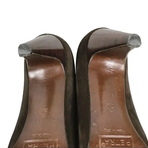 PETRA Brown Pumps Suede Gold Leather Trim Cone Heels Almond Toe Italy Size 7.5M