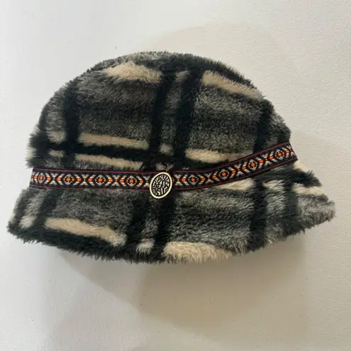 VTG Uniqu Faux Fur Bucket Hat Plaid Pattern Winter Warm Earflap Style Gray