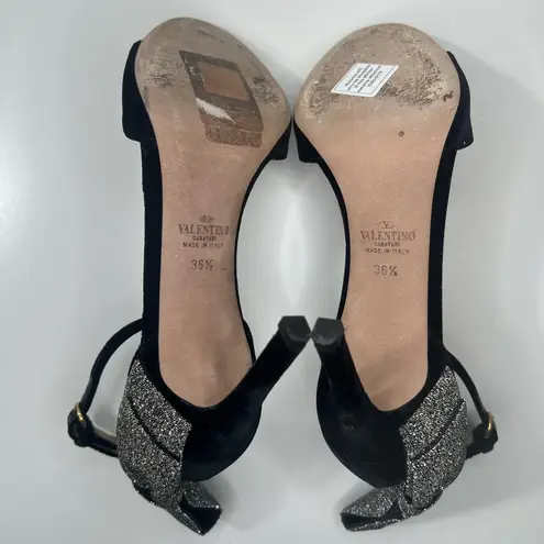 Valentino Garavani Black Velvet Sparkle Bow Strappy Heeled Sandal