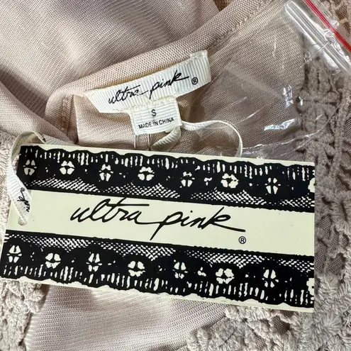 Ultra Pink Small Victorian Top Asymmetrical Crochet Lace Lined Long Bell Sleeves