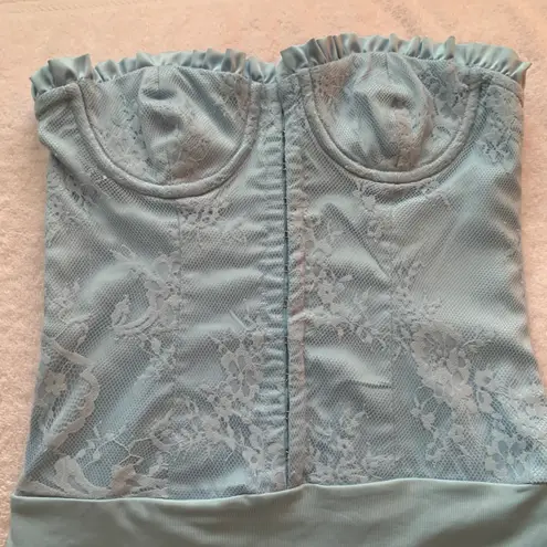 Majorelle Women's XS REVOLVE Bentley Strapless Lace Corset Bodysuit in Dusty Blue
