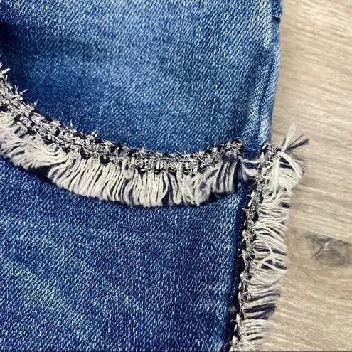 INC International Concepts Skinny Jeans Tweed Fringe Side Mid Rise Size 0 NWT Blue
