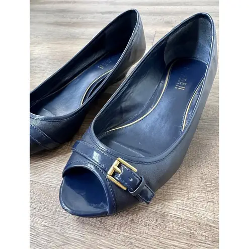 Ralph Lauren  Madison Wedge Buckle Slip On Blue Peep Toe Shoes Women's Sz 8.5B