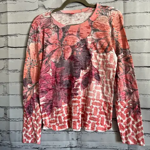 Before + Again Red White Floral Graphic Longsleeve Top S Y2K Relaxed Vibrant Orange