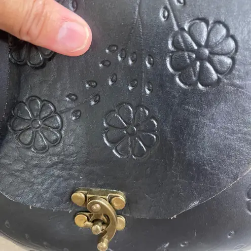 Mexican Black Leather Floral Tooled Crossbody Bag Small Purse Bohemian Boho Black