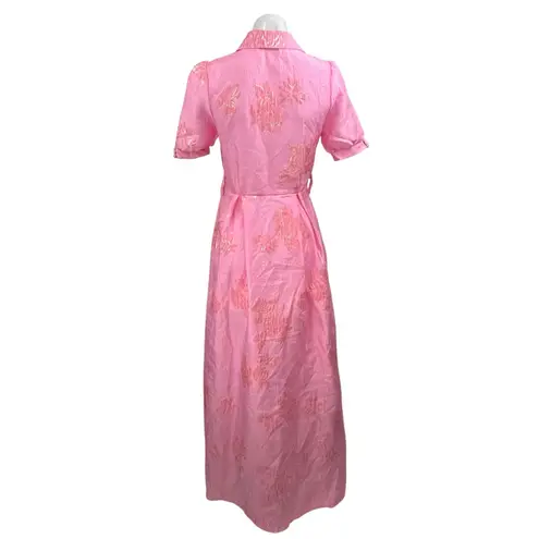 Women's Floral Jacquard Short Sleeve Button Up A Line Maxi Shirt Dress Size S Pink