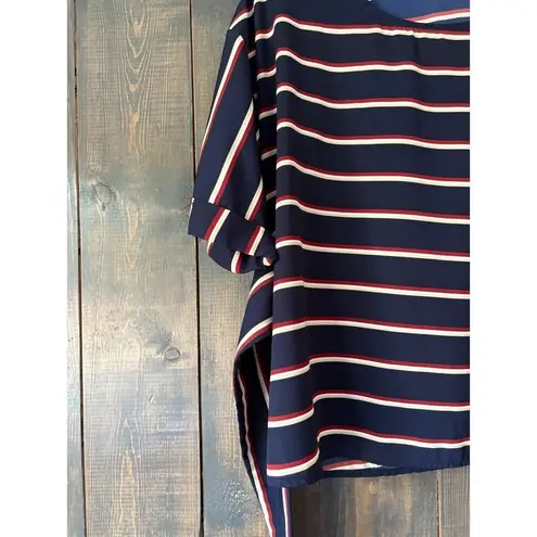 West Kei Striped Tie Waist Blouse Top, Short Sleeve, Navy Blue, Red, White
