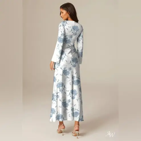 NWOT AW Bridal Elegant Formal Blue and White Floral Long Sleeve Bridesmaid Dress Size 6