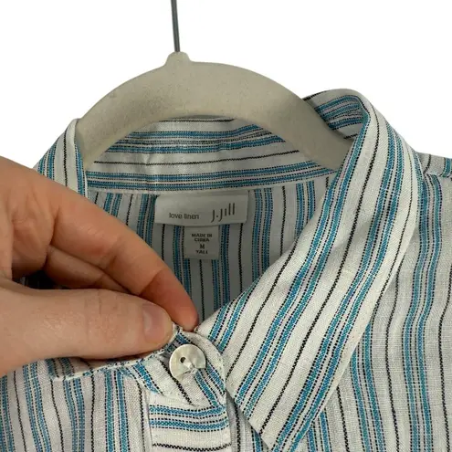 J Jill Love Linen Blue White Striped Popover Shirt Coastal Cottage Womens M Tall Size M