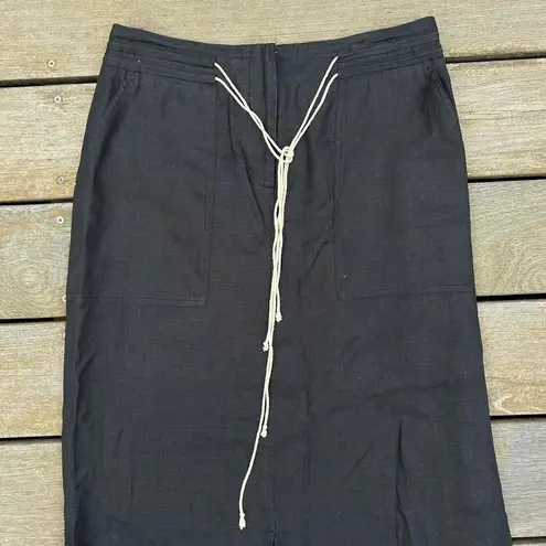 Black 100% Linen Boho Eagle's Eye Maxi Skirt w/ Drawstring Waist and Front Slit Size 8