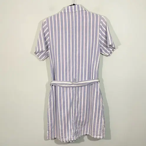 Frame Women's Blue & White Striped Belted Button Up Mini Shirt Dress Size XS