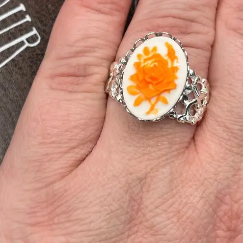 Neon Orange Rose Floral Oval Cameo Silver Stainless Steel Open Back Ring