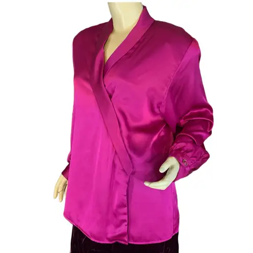 VINTAGE 1990'S JG HOOK SATIN BERRY PINK WRAP BLOUSE (14P)