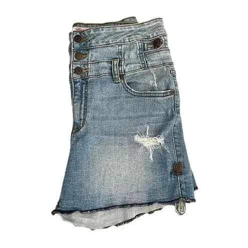 Eunina Blue Denim Cotton High Rise Front Button Closure Raw Hem Jeans L #1042