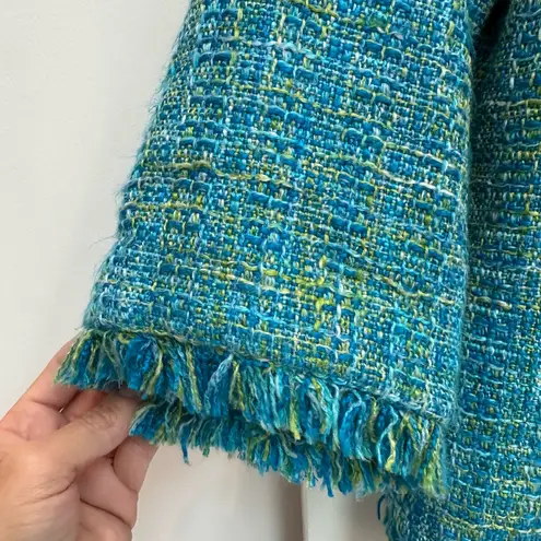 Laura Ashley Elegant Teal Turquoise Fringe Frayed Tweed Blazer Jacket Size M