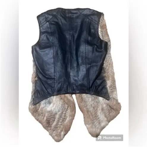 My Tribe Black Leather & Brown Knitted Rabbit Fur Waterfall Vest Size Small