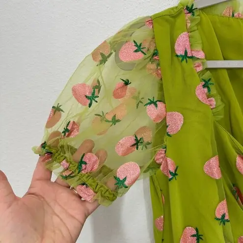 Unique Vintage Smak Parlour Avocado & Pink Strawberry Print Woodstock Flare Dress Pinup Size M