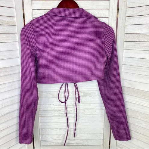 ZARA  Houndstooth Cropped Polo Top Purple Black Small Long Sleeve Deep V-neck thumbnail 11