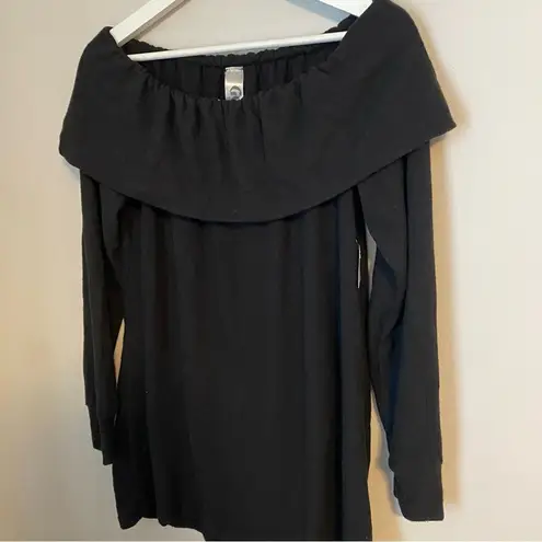 Go Couture Tunic Foldover Off-the-Shoulder Sweater Black Casual Neutral