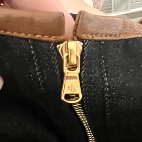 LRL Ralph Lauren Denim Dress Plus 14W 1/4 Zip New Leather Trim Neutral Classic Blue