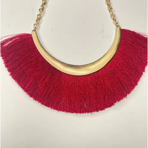 Fringe Red Necklace Gold Tone Statement Necklace Burgundy Fringe EUC