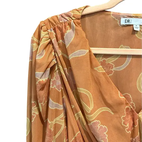 Y2K Orange Floral Sheer Baby Doll Boho Fairy Romantic Girly Top Medium