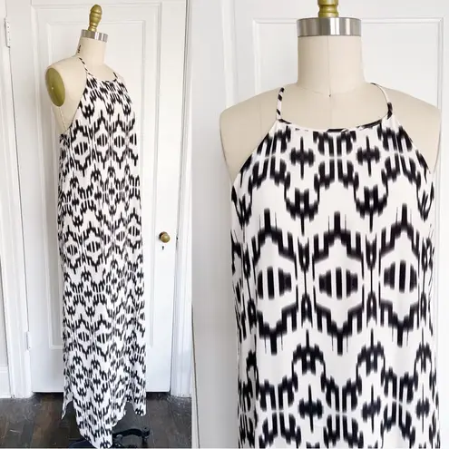 Marie France Van Damme • silk halter maxi dress cream black silk ikat print Size 14
