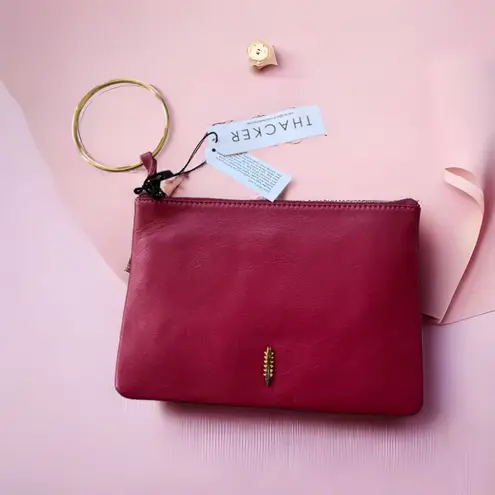 NWT THACKER GIA POUCH & CARD CASE Ring Wristlet Clutch RED LEATHER Pink