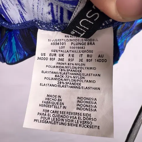 MiracleSuit Plunge Bra, Blue Multi, Nylon Spandex, Underwire Swim Top, 36DDD