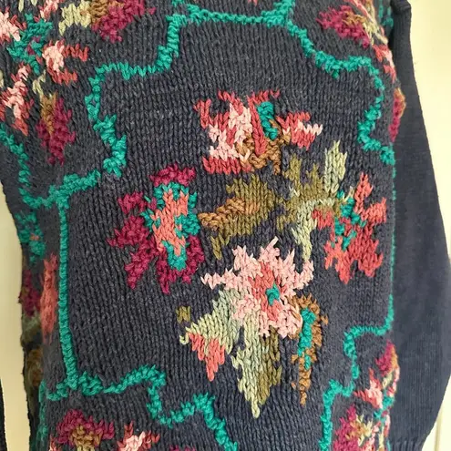 Vintage Floral Chunky Knit Sweater Blue Multi Crystal Kobe Size M Cotton Ramie Size M