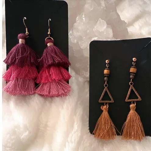 Tiered Tassel Drop Boho Earrings Ombre Pink Purple Brown Triangles Set 2 Pair