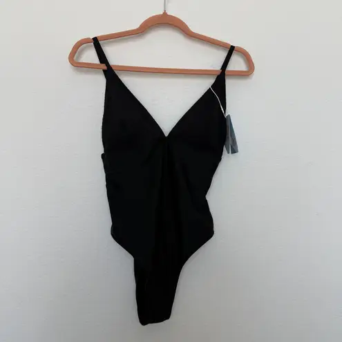 Women's One Piece Swimsuit Size S Black Ribbed V Neck Minimalist Resort Classic