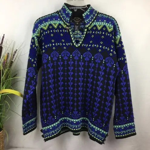 Obermeyer Blue & Green Print Knit Long Sleeve Winyer Ski Sweater M