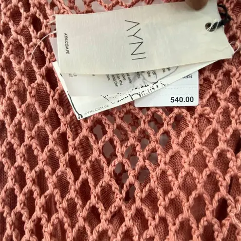 NEW AYNI IMAC Crochet Mesh Maxi Dress Side Slits Pima Cotton Medium Coral Knit Pink