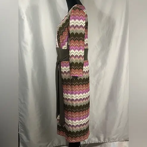 Chris McLaughlin Knit Dress Chevron Print Green Purple Brown 3/4 Sleeves Sz 14