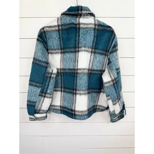 TRUTH Shacket Womens Size M Teal Plaid Fuzzy Chest Pockets Cozy Streetwear Black Size M