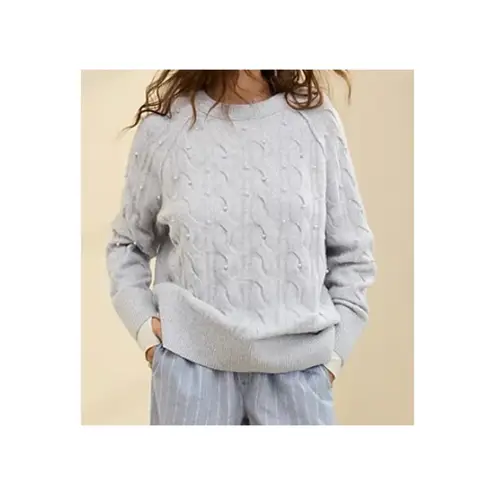 Aerie NWT  Gray Unreal Cable Crew Sweater with Pearls