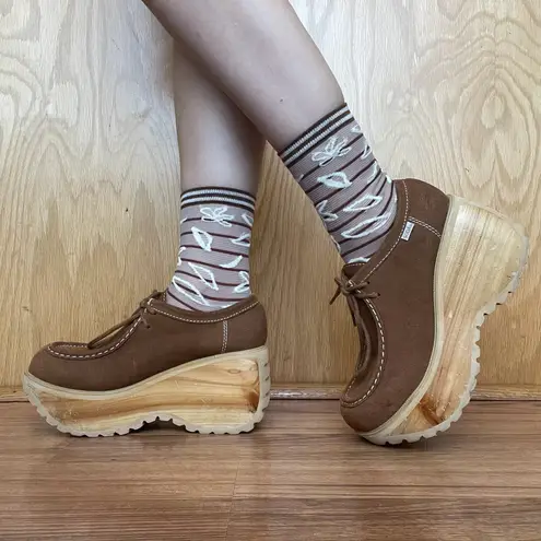 Soda Vintage Y2K Brown Suede Leather Moccasin Chunky Platform Wooden Shoes