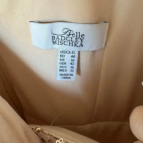 Badgley Mischka Belle Rose Gold Sequin Midi Dress Cocktail size 12 with Flaw