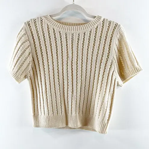 Elodie  Short Sleeve Crochet Knit Cropped Sweater Tee Shirt Tan Beige Small