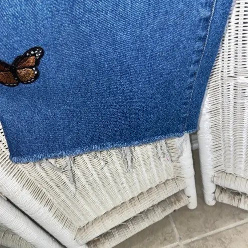 Minga London Butterfly Embroidered High Waist Straight Leg Jeans Y2K 32 US 8 Blue