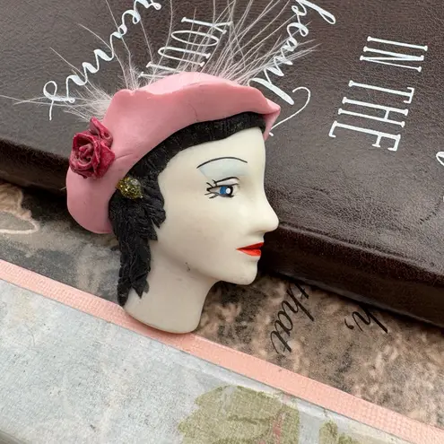 Vintage Lady Face Brooch – Pink Beret Parisian Pin