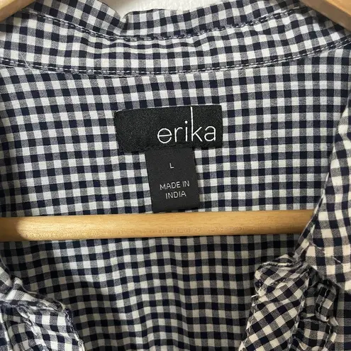 Erika Women's Navy White Gingham Print Long Sleeve ruffle front shirt size large