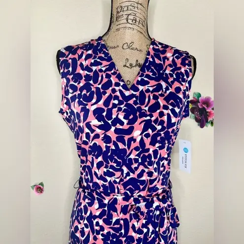 Leota Petals Finnley Faux Wrap Sleeveless Dress in Blue, White & Coral Size L