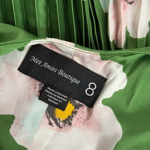 Mes Amies Green Floral Print Pleated Midi Dress Women Size 8 Garden Party Satin