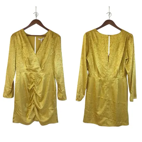 WAYF Yellow Gold Snake Print Long Sleeve Mini Dress Ruched Low Cut Large New