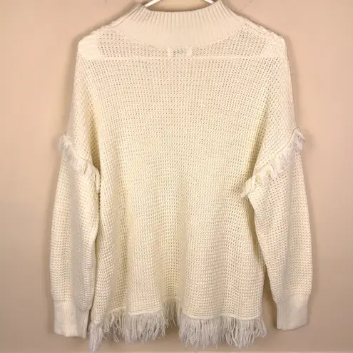 Umgee  Women’s Waffle Knit Fringe Sleeve Hem Detail Mock Neck Cream Sweater